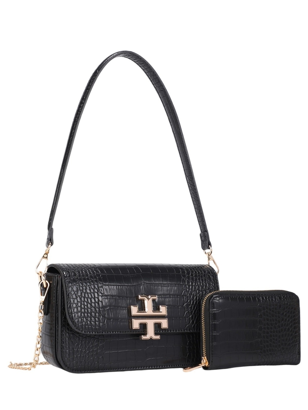 Black Croc-Embossed Shoulder Bag with Wallet - Gold Hardware